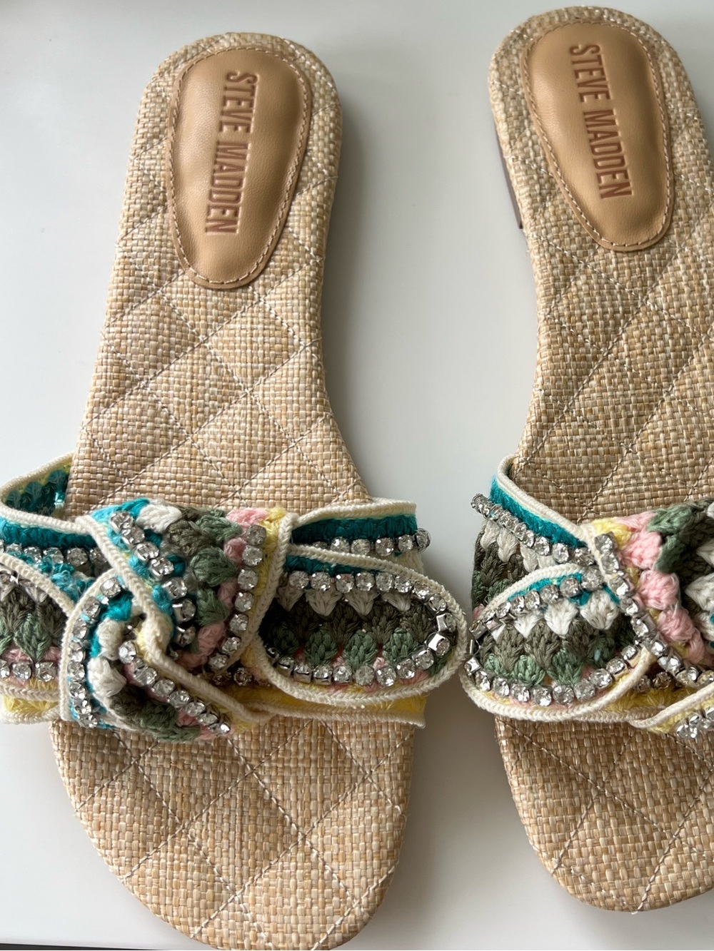 Steve Madden Beaded Crochet Knot Slide Sandals in Turquoise, Green & Pink - Picture 5 of 7